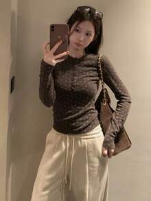 Women's Korean Style Henley Collar Button Ditsy Floral Long Sleeve Knitted Base Layer Top, Autumn Blouse - Coffee Brown - View 1
