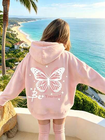 1pc Tween Girl Thermal Lined Hooded Sweatshirt, Warm Thick Youth Student Clothing, Autumn/Winter Long Sleeve Top, Y2K/Streetwear/Vacation/Fashion/Collegiate