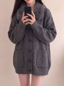Jaket Kardigan Rajut Longgar Kasual Elegan Musim Gugur/Dingin untuk Wanita - Grey - View 4