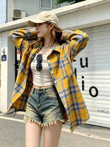 YUXIN American Vintage Niche Design Long Sleeve Plaid Shirt For Women / Spring & Autumn New Loose Casual Commuter Blouse / Suitable For All Seasons - Orange - View 6