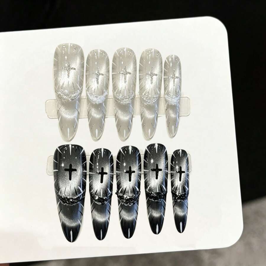 10片手工壓製長款假指甲，精緻秋季美甲，暗黑哥德風，紅黑骷髏與玫瑰裂紋紮染，高級重水鑽秋季美甲