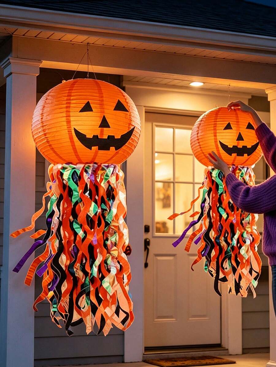 Pumpkin Paper Lanterns, Halloween Party Decorations, Halloween Paper Lanterns, Suitable For Halloween Party Decorations, Orange And Black Hanging Paper Shades, Ideal For Birthday, Wedding, Graduation Ceremony, Suitable For Indoor And Outdoor Use, Indoor Decoration, Outdoor Decoration, Seasonal Decoration - A - View 1