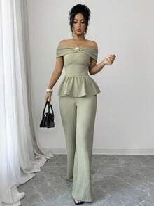Solid Color Cute Party Metal Decor Off-Shoulder Casual Ruffle Top And Pants Loungewear Set - Bean Green - View 9