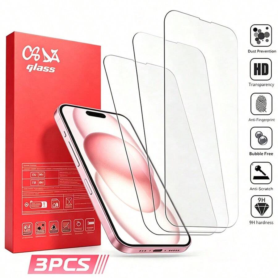 3 Pieces Set Of 9H Hardness Shatter Resistant Bubble Free Tempered Glass Full Screen Protective Film, Compatible With IPhone 15 (6.1 Inches), 17 Pro Max,17,17 Pro,17 Air,16 Pro Max,16,16 Plus,15 Pro Max,14,13,12,11 Pro Max,XR,XS Max,XS Waiting For Models, Daily Protection [International Version Non Local Version] - Multicolor - View 1