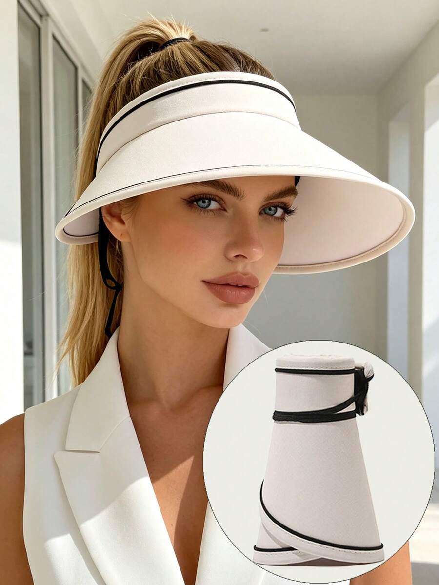 1 Pc Women's Summer Straw Sun Visor, Large Brim UPF Sun Protection, Houndstooth Pattern,Suitable For Beach Vacation And Outdoor Activities Party