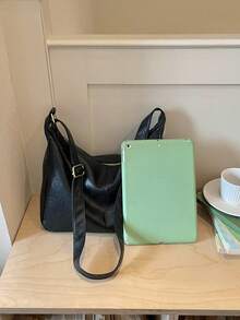 Dedoo 女款單肩包，純色皺褶PU材質，可調節肩帶，大容量，適用日常通勤購物、學校書包、大學校園 - 黑色 - 查看 8