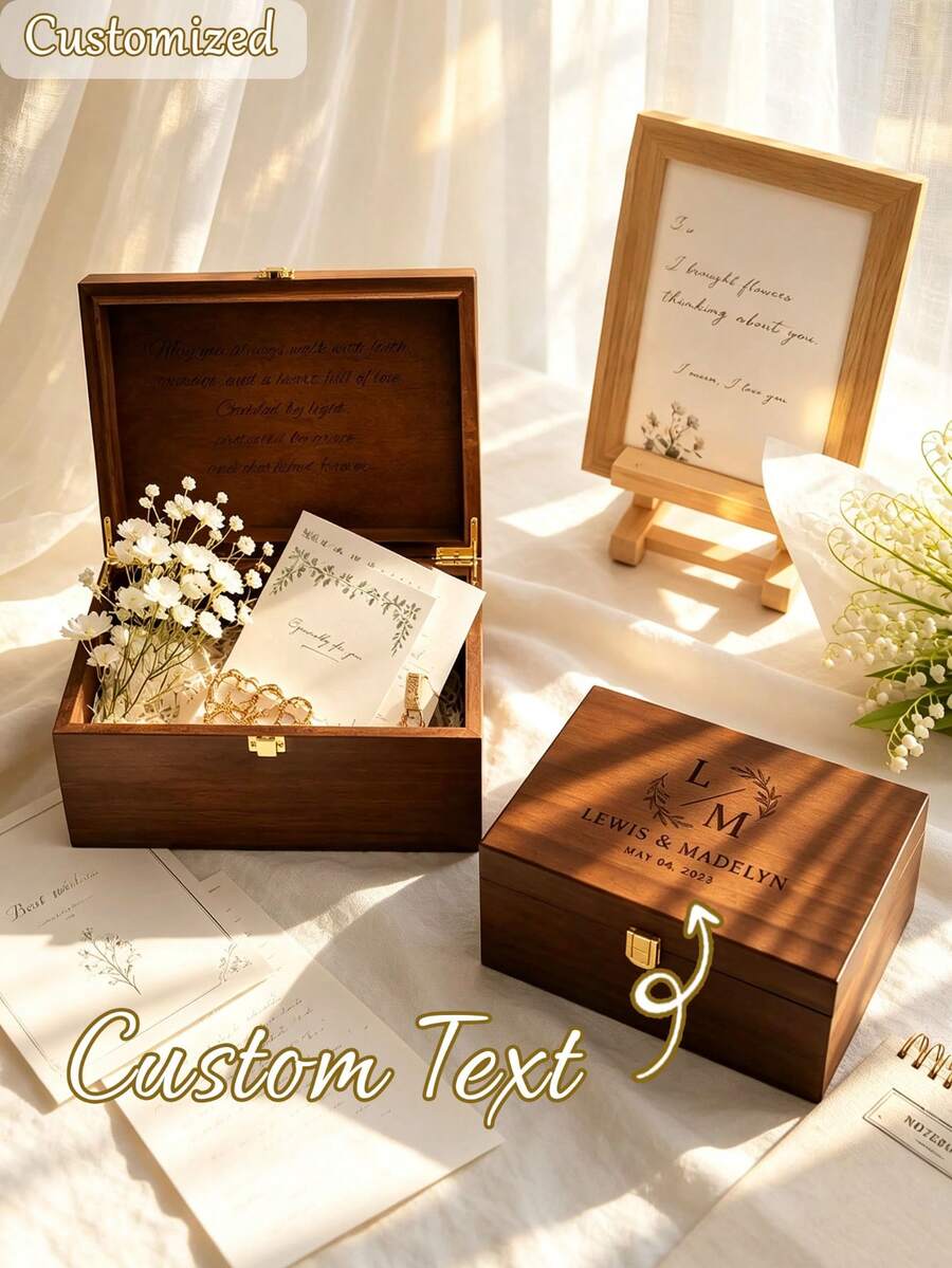 Customized Name And Date Wooden Storage Box, Personalized Commemorative Jewelry Box, Ideal Gift For Wedding, Birthday And Anniversary, Elegant Home Decor - Multicolor - View 1