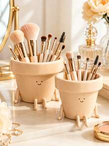 Cute Style Makeup Brush Storage Box, Single Cream Color Smiling Flower Pot Shaped Cosmetic Storage Cup, Decorative Makeup Brush/Lip Liner/Eyebrow Pencil And Beauty Accessories Storage Rack, Cute Vanity Decor - Multicolor - View 2