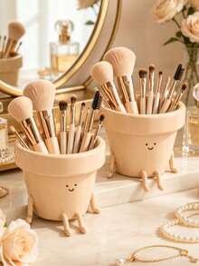Cute Style Makeup Brush Storage Box, Single Cream Color Smiling Flower Pot Shaped Cosmetic Storage Cup, Decorative Makeup Brush/Lip Liner/Eyebrow Pencil And Beauty Accessories Storage Rack, Cute Vanity Decor - Multicolor - View 1