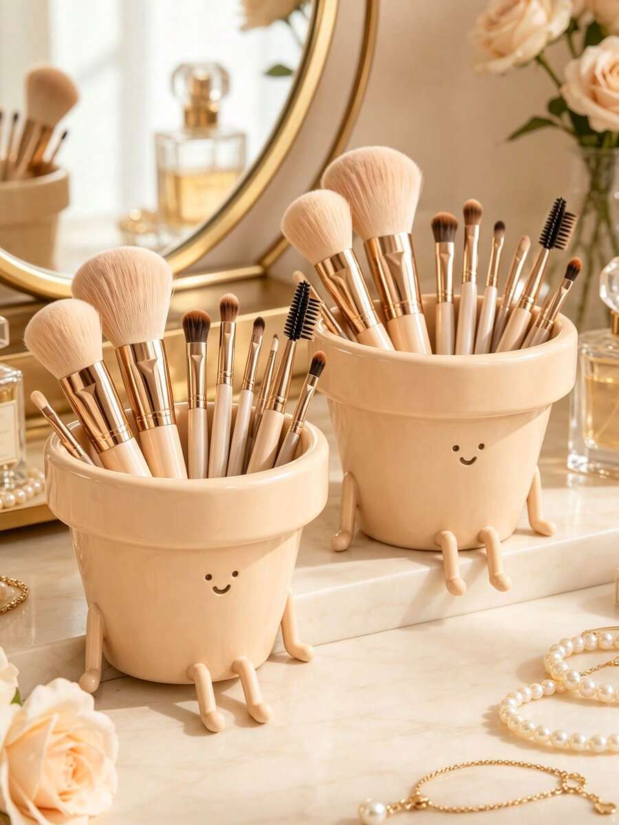 Cute Style Makeup Brush Storage Box, Single Cream Color Smiling Flower Pot Shaped Cosmetic Storage Cup, Decorative Makeup Brush/Lip Liner/Eyebrow Pencil And Beauty Accessories Storage Rack, Cute Vanity Decor - Multicolor - View 1