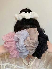 5pcs Lightweight Oversized Organza Scrunchies, Floral Bud Mesh Hair Ties With Premium Feel - Multicolor - View 2