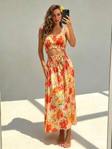 Conjunto Casual com Estampa Floral Laranja Vibrante, Decoração de Laço Frontal Sólido Fofo, Praia, Férias, Verão Elegante - Laranja - Visão 2