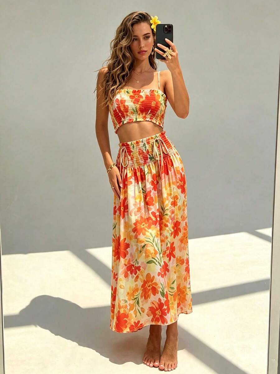 Conjunto Casual com Estampa Floral Laranja Vibrante, Decoração de Laço Frontal Sólido Fofo, Praia, Férias, Verão Elegante