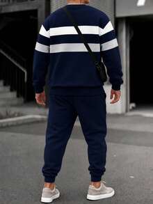 Driftmere Setelan Olahraga Pria Motif Sayap Bergaris, Kaos dan Celana Jogger Biru Tua dan Perak - Navy Blue - View 4