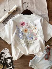 Weihnachten Unisex Frühling Sommer Aquarell Wildblumenstrauß Print-Shirt, doppelseitiger Druck, rein, heißer Artikel - Weiss - Übersicht 4