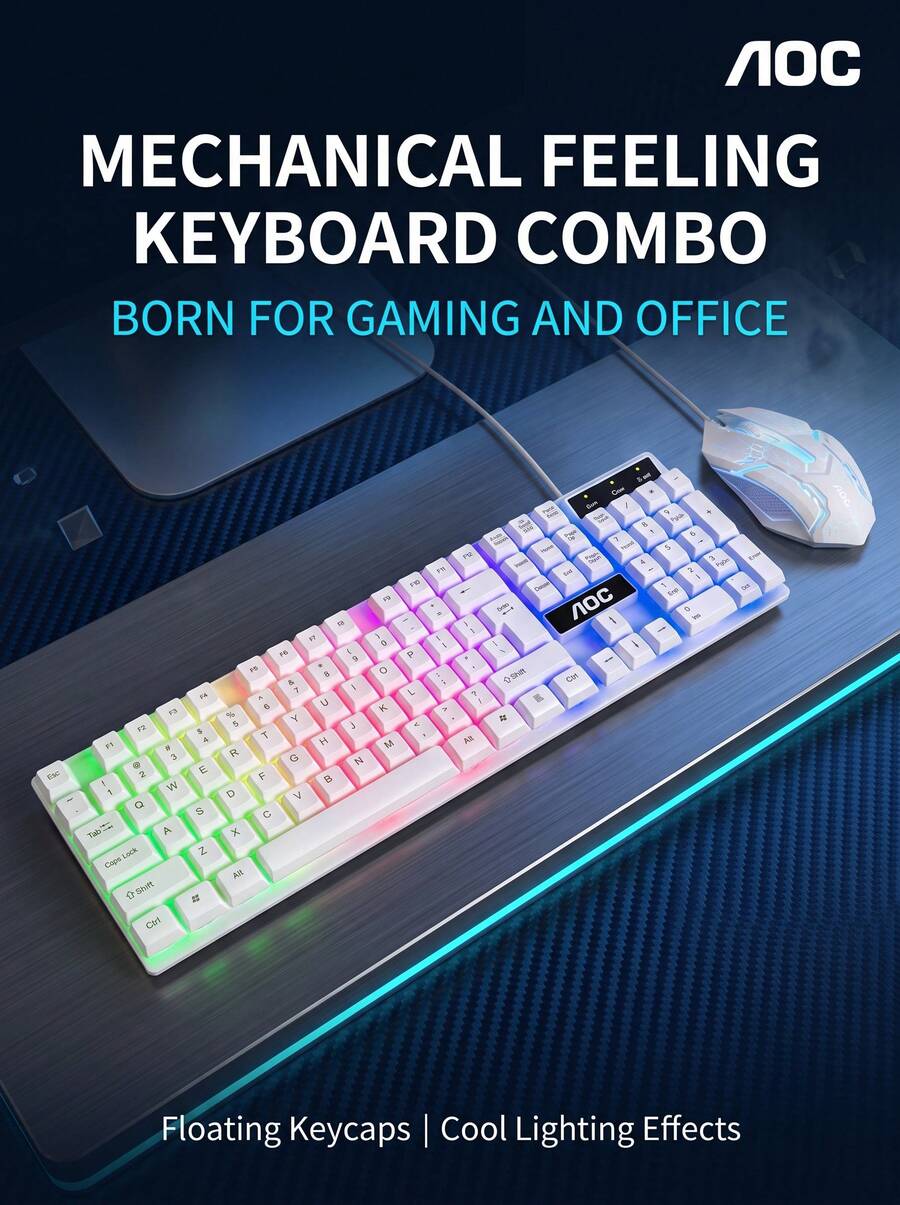 AOC KM100 Keyboard And Mouse Set Is A Great Tool For Gaming. Colorful Backlight Ignites The Gaming Atmosphere. Mechanical Keyboard + Gaming Mouse With Precise Linkage. Splash-Proof Protection. White