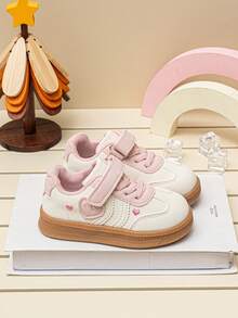 Sweet Little Heart Embroidered Girls' Low-Top Sneakers, Colorblock Soft Sole, Hook & Loop Closure, Casual Daily Commute Shoes For Toddlers - Beige - View 6