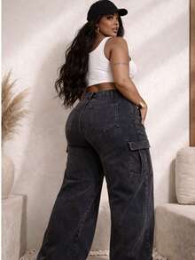 Calça Jeans Feminina Wide Leg Cargo Plus Size - Chumbo - Visão 3