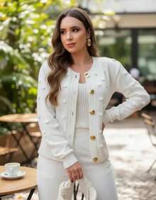 Cardigan Tricô Feminino Texturizado Com Botões Dourados  Lã    blusa de tricô  Noite  Esportes  Escritório  Férias    outono ,inverno - Branco - Visão 5