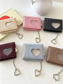 Denim Texture Tri-Fold Wallet, Hollow Heart Design, Multi-Slot Tri-Fold Card Holder, Suitable For Daily Use, Travel Essential - Multicolor - View 1