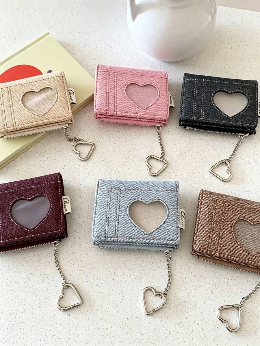 Denim Texture Tri-Fold Wallet, Hollow Heart Design, Multi-Slot Tri-Fold Card Holder, Suitable For Daily Use, Travel Essential - Multicolor - View 1
