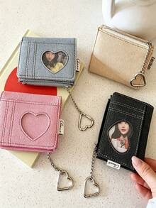 Denim Texture Tri-Fold Wallet, Hollow Heart Design, Multi-Slot Tri-Fold Card Holder, Suitable For Daily Use, Travel Essential - Multicolor - View 2