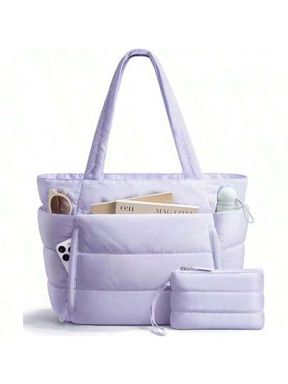 1pc Large Capacity Quilted Women's Tote Bag Set, With Cup Holder And Laptop Compartment, Multi-Pocket Design