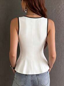 1pc Solid Color Knit Fabric Ruffle Trim Casual Top, Summer - White and Black - View 5