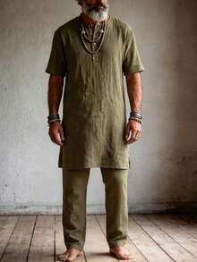 Men's Middle Eastern Traditional Minimalist Style Robe Set, Loose Simple Short Sleeve Casual Straight Leg Pants 2 Pieces Set - Green - View 5