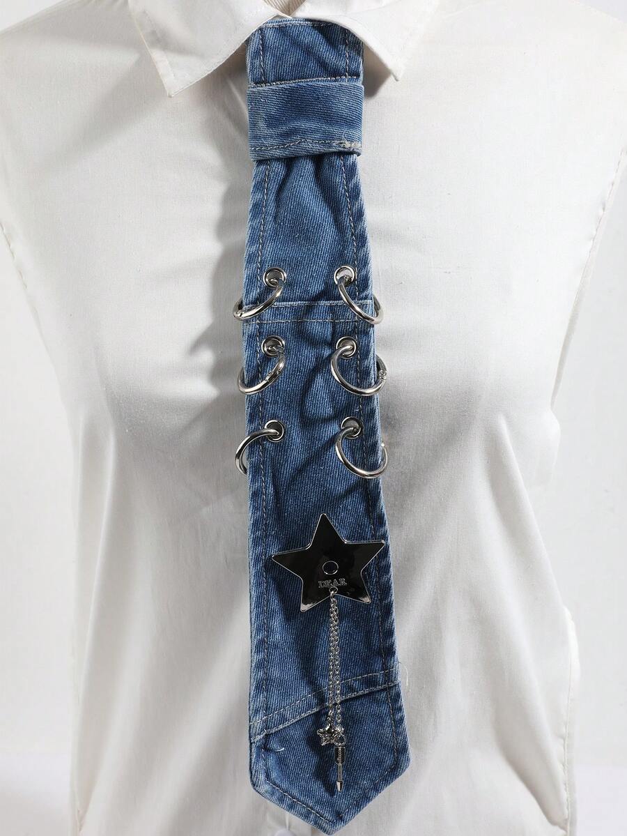 1pc Metal Star Chain Denim Vintage Washed Shirt Decoration Accessory Women's Tie - Blue - View 1