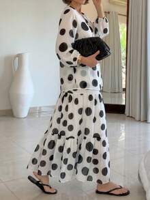 2pcs White & Black Polka Dot Print: V-Neck Sheer Puff Sleeve Top And Layered Ruffle Hem Maxi Skirt - Black and White - View 7