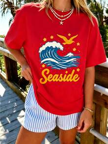 Women's Oversized Coastal Graphic T-Shirt, Vintage Ocean Wave Print, Casual Short Sleeve Crew Neck Tee, Soft And Breathable - Pink - View 7