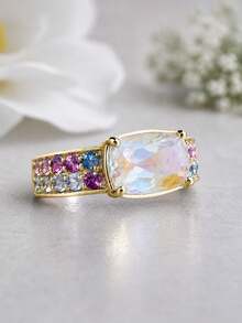 1 pieza Accesorio de vacaciones glamuroso, anillo apilable de tono dorado con piedra central rectangular iridiscente y circonita multicolor en los laterales - Multicolor - Ver 1
