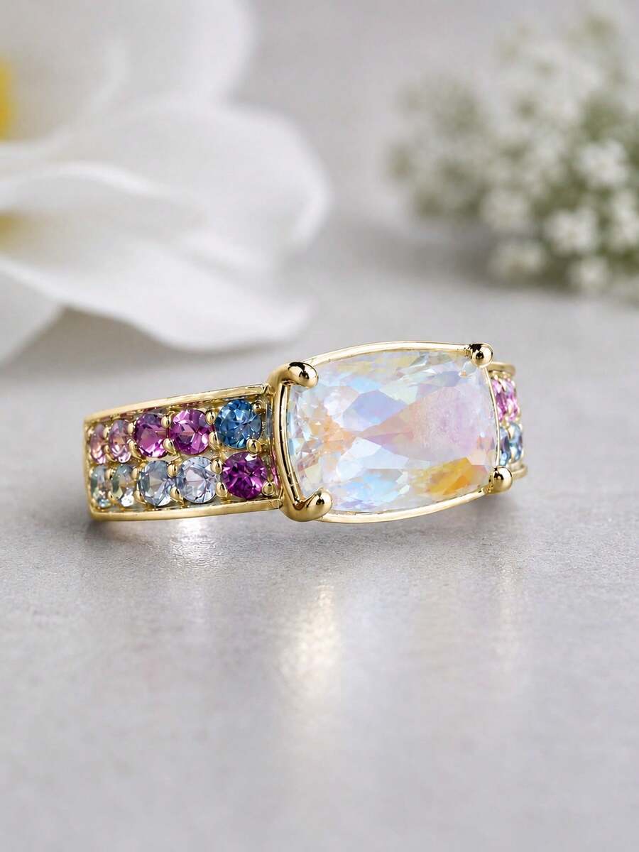 1 pieza Accesorio de vacaciones glamuroso, anillo apilable de tono dorado con piedra central rectangular iridiscente y circonita multicolor en los laterales - Multicolor - Ver 1