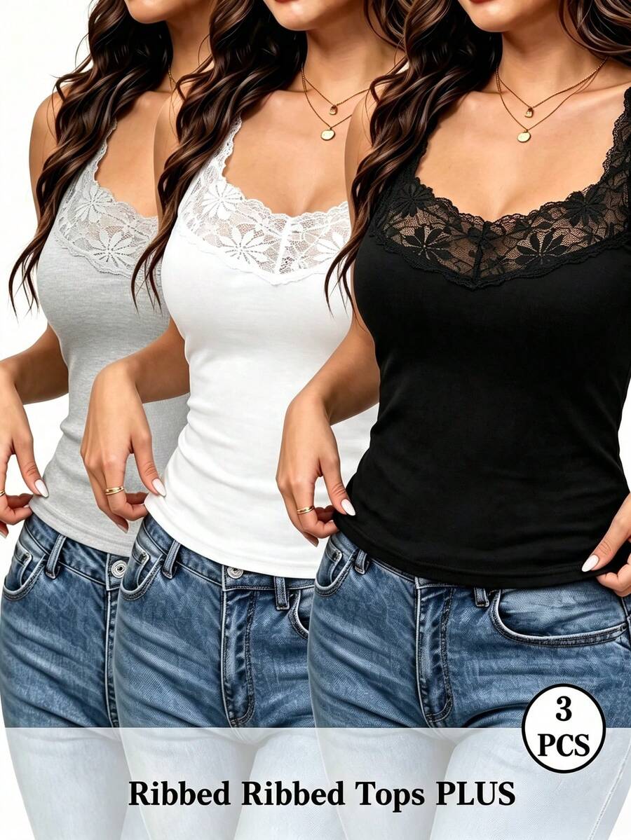 3pcs Plus Size V-Neck Floral Lace Camisole Tank Tops Women Solid Color Slim Fit Spaghetti Strap Sleeveless Top Spring Summer Versatile Inner Layer Slimming Base Layer - Multicolor - View 1