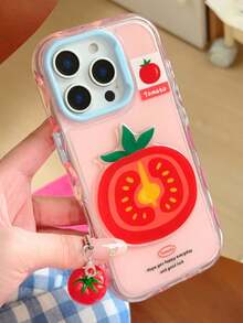 1件 3D番茄手機殼 適用16promax/IPhone16pro 韓系Ins風 新款 15/14 小眾創意高級 13 可愛卡通 11/12 女生風，適用於IPhone17Promax 17pro 17 17Air 3D番茄附掛繩智慧型手機保護殼 - 粉色 - 查看 5