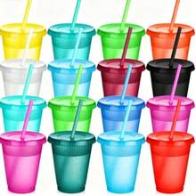 10/20pcs Colorful Glitter Sequin Cups With Straws And Lids, Reusable Water Cups, Iced Coffee To-Go Cups; Suitable For Birthday, Wedding, Bachelorette Party, Hawaiian Beach Pool Party And Family Gathering Adult Plastic Cups, 16oz (Vibrant Colors) - Color: Random - View 1