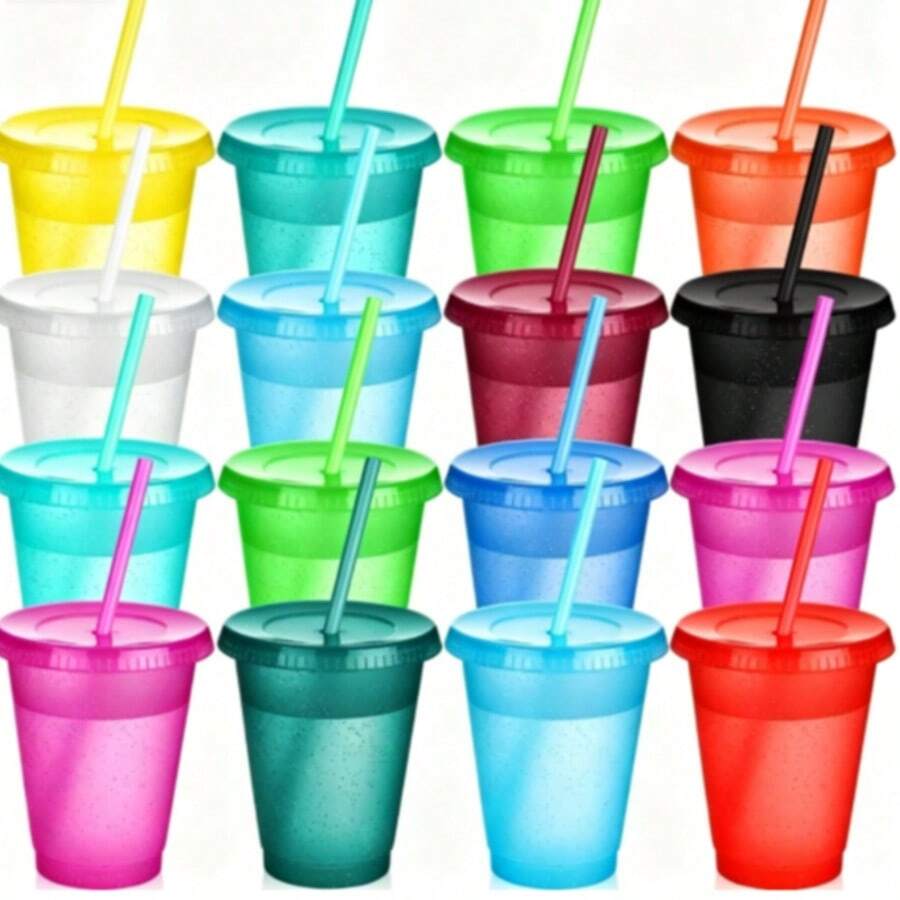 10/20pcs Colorful Glitter Sequin Cups With Straws And Lids, Reusable Water Cups, Iced Coffee To-Go Cups; Suitable For Birthday, Wedding, Bachelorette Party, Hawaiian Beach Pool Party And Family Gathering Adult Plastic Cups, 16oz (Vibrant Colors) - Color: Random - View 1