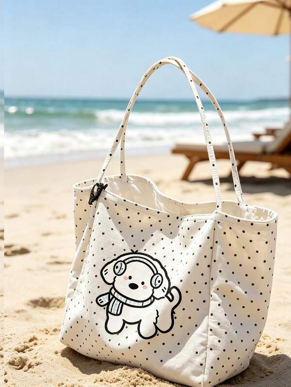 1pc Minimalist Puppy Print Polka Dot Canvas Tote Bag, Simple College Style Large Capacity Commuter Tote Bag, Can Store Books, Notebooks, Water Bottles And Personal Accessories, Lightweight Soft Foldable Storage, Suitable For College Students, Pet Owners, University Staff, College Style Outfits, Daily Commute To Work, Applicable For Campus Class Book Storage, Office Commute Document Carrying, Weekend Short Trip Personal Storage, Back To School Practical Personal Bag, Teacher's Day Gift