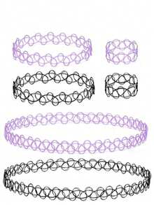 6Pcs Tattoo Choker Set Stretchy 90s Necklace Bracelet And Rings For Women - Multicolor - View 12