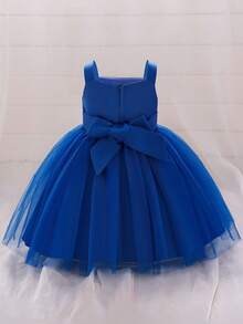 Baby Girls Thick Strap 3D Flower Mesh Flower Girl Dress, Suitable For Birthday Party, Headband Not Included - Royal Blue - View 2