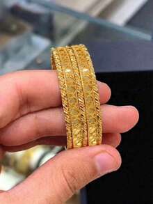 5Pcs 21K Gold Stackable Bangle Set Non-Fading Geometric Arabian Jewelry, Luxury Gold Substitute, Perfect For Daily Wear, Party & Gift - 01 - View 3