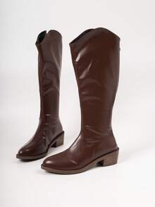 American Vintage Chunky Heel Tall Boots V-Cut Slimming Soft Leather Riding Boots - Brown - View 5