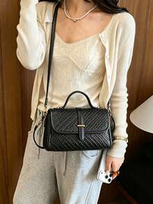 Women's Vintage Faux Leather Woven Texture Small Handbag, High-End Boston Small Bag, Versatile Shoulder Crossbody Commuter Bag - Black - View 5