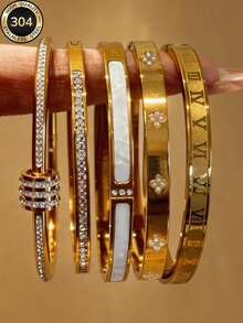 ZCNC 5pcs/Set Personalized Multi-Color Stainless Steel Bracelet Set, Unique Design, Fashionable, Multi-Element Design, Exquisite Ideal Gift, Non-Fading Jewelry, Stylish - New Gold - View 13