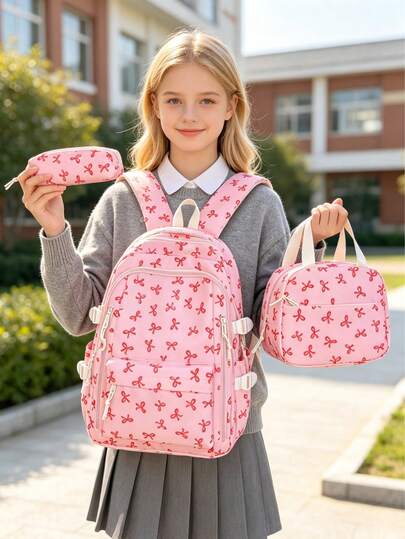 3-Piece Set - Girls' School Style Bow Pattern Backpack Combination, Large Capacity Nylon School Day Bag With Luggage Strap Design, Matching Lunch Bag And Pencil Case, Multi-Layer Storage Casual Backpack Set, Lightweight Travel Backpack Set, Suitable For Girls, Students, Children, Ideal For Back To School, Daily Commute, Shopping, Short Trips And Outdoor Leisure Travel