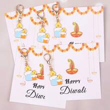 4/8pcs Diwali Candle & Lamp Keychain Set, Includes Alloy Candle/Lamp Keychain Pendant + Gift Card, Suitable For Diwali Festival Events, Theme Parties, Gift Souvenirs And Small Gifts - Multicolor - View 6