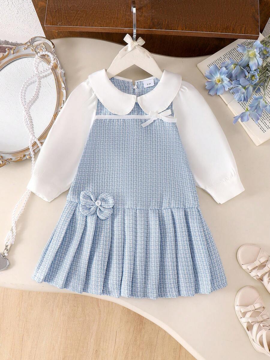 2pcs/Set Girls Toddler Simple Elegant Style Peter Pan Collar 3D Flower Long Sleeve Dress Spring Autumn - White - View 1