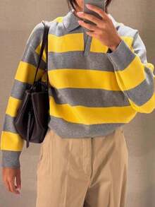 CAREE Women's Spring & Autumn Grey Yellow Wide Stripe Polo Notch Collar Loose Drop Shoulder Long Sleeve Knit Pullover Sweater - Multicolor - View 1