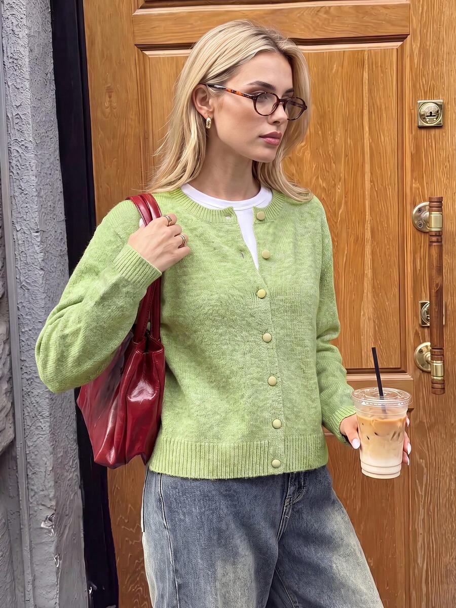 Nicenter Women's Fall Winter Casual Sage Green Melange Fitted Cardigan, Button Down Long Sleeve Wool Blend Sweater, Cozy Simple For Office Daily Home Date - Green - View 1